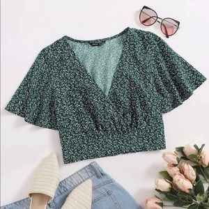 SHEIN Surplice Wrap Shirred Hem Allover Plants Crop Top
